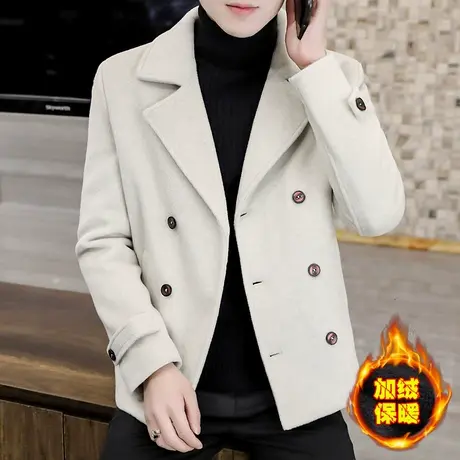 毛呢短款大衣男士冬季加绒加厚双排扣风衣帅气西服领貂绒夹克外套商品大图