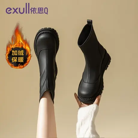 依思Q加绒短靴女2023冬季新款法式气质高跟靴子棉鞋粗跟马丁靴女商品大图