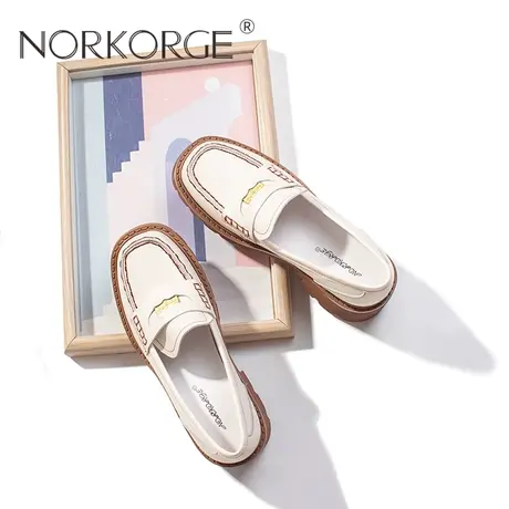 2023新款春秋复古百搭米白色乐福鞋女鞋真皮方头厚底增高小皮鞋女图片