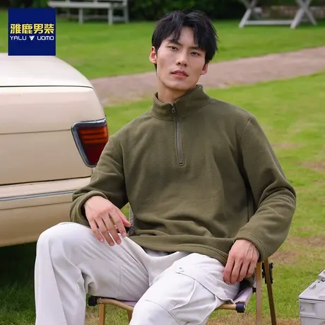 雅鹿男装秋冬季半拉链加绒卫衣男士加厚摇粒绒2023新款宽松外套潮商品大图