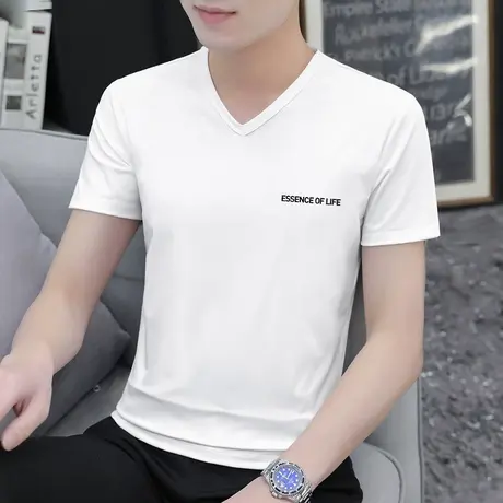 莫代尔冰丝短袖t恤男装V领白色上衣服潮流夏季速干凉感半袖体恤衫商品大图
