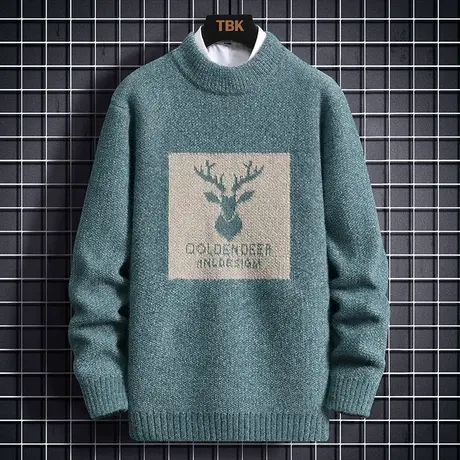 金貂绒毛衣男士秋冬季新款小鹿印花半高领套头针织打底学生毛线衣商品大图