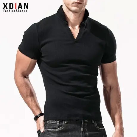 翻领t恤男短袖纯棉修身紧身纯色V领弹力美式保罗polo衫男上衣夏季商品大图