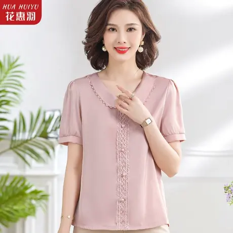 妈妈夏装洋气短袖T恤2023新款雪纺衬衫中年上衣中老年女翻领小衫图片