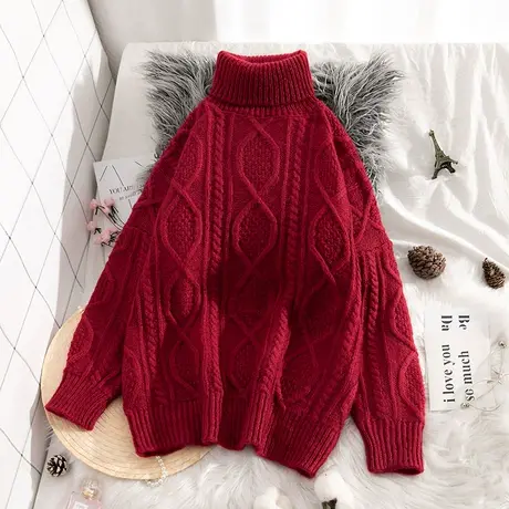 高领毛衣女套头加厚港风爆款宽松2021新款圣诞麻花打底衫网红冬季图片