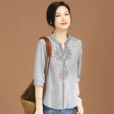 韩潮袭人新中式立领刺绣条纹五分袖女士衬衫2023春夏新款中袖衬衣商品大图