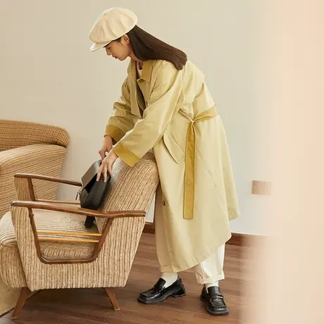 omont蛋挞家 复古千鸟格纹风衣女中长款过膝收腰大衣外套春秋季图片