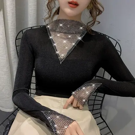 烫钻拼接闪亮T恤女长袖欧货潮百搭洋气上衣春秋内搭半高领打底衫商品大图