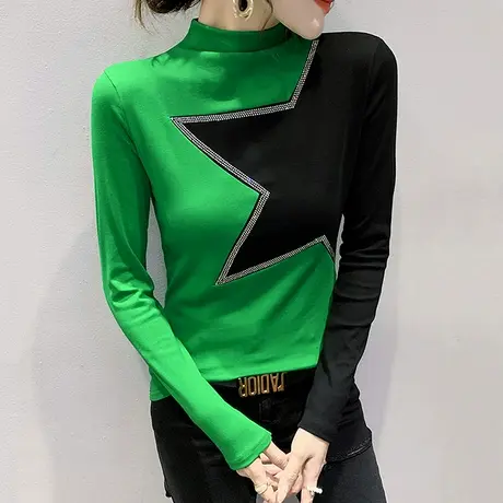 撞色半高领打底衫女春装欧货设计感小众烫钻长袖T恤洋气修身上衣商品大图