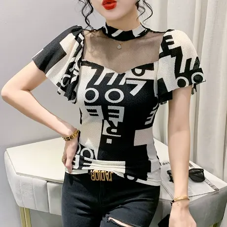 欧货荷叶边T恤女短袖2023夏装新款性感镂空网纱小衫字母印花上衣商品大图