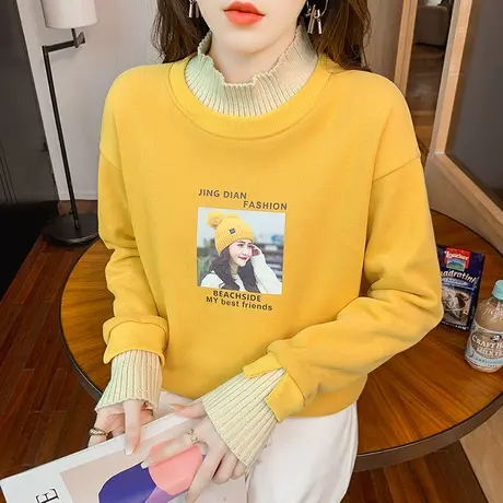 撞色假两件卫衣女秋冬洋气宽松加绒打底衫长袖休闲韩版上衣设计感图片