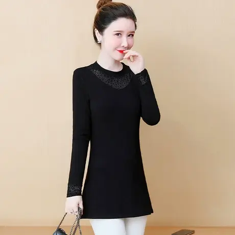 黑色打底衫女洋气内搭长袖t恤2023新款春秋冬加绒中长款上衣欧货商品大图