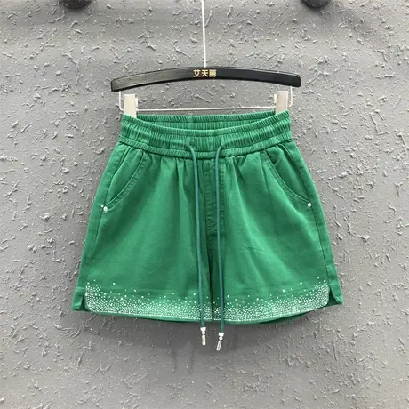 2023夏季新款绿色烫钻松紧腰宽松显瘦牛仔短裤女休闲百搭阔腿热裤商品大图