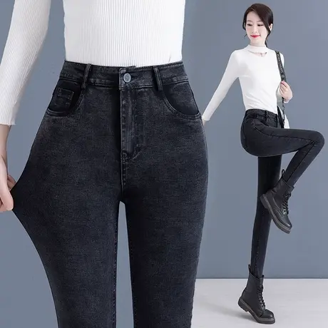 烟灰色小脚牛仔裤女秋季2023新款小个子高腰外穿打底紧身铅笔裤潮图片