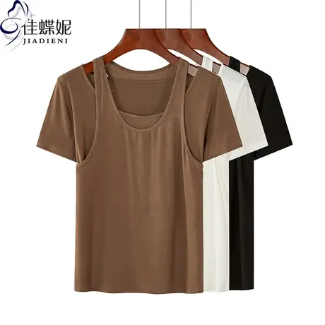 夏季新款韩版圆领假两件纯色修身短袖体恤上衣内搭打底衫女装商品大图