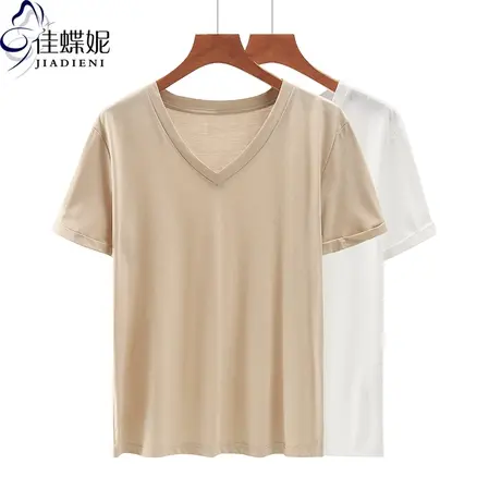 夏季新款韩版V领宽松纯色竹节棉大码休闲短袖体恤上衣内搭女打底图片