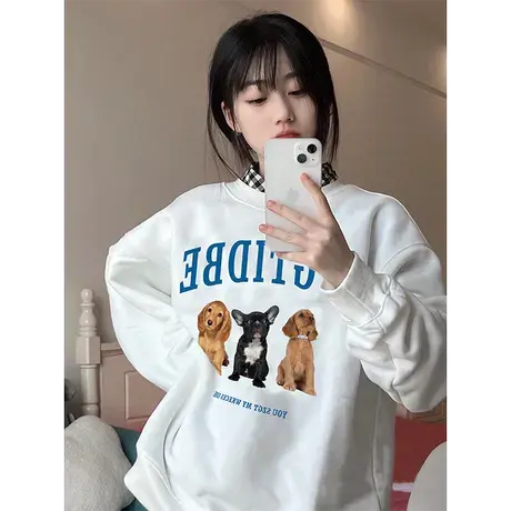 潮牌小众原创设计圆领卫衣女秋冬加绒加厚宽松奶fufu落肩上衣外套商品大图