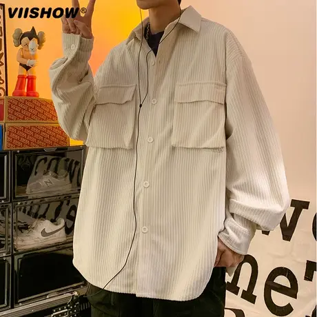 VIISHOW日系工装衬衫男卡其色灯芯绒外套春秋款复古长袖衬衣潮商品大图