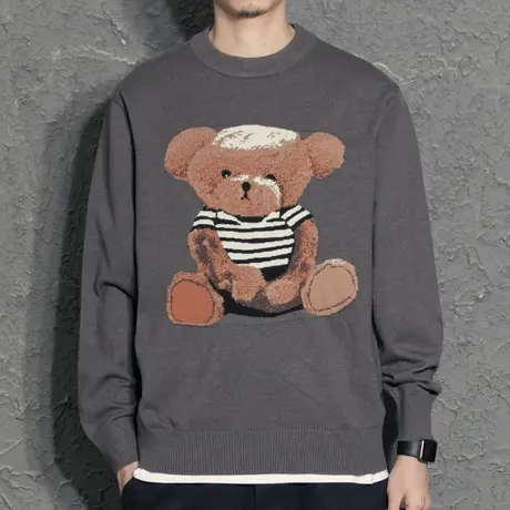 奕飏小熊提花圆领毛衣男2021秋冬新款潮流线衣加厚针织衫打底毛衫图片