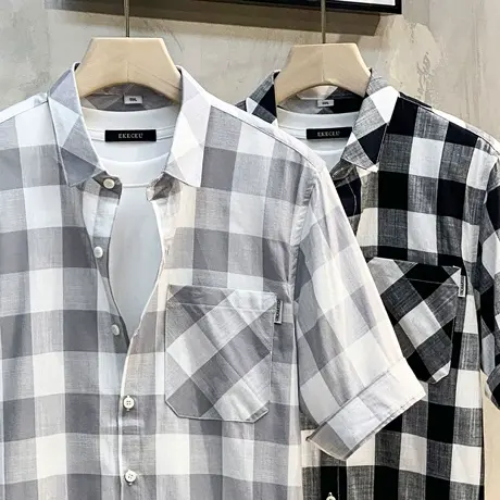 格子衬衫外套男夏季薄款宽松休闲高级感男装纯棉日系衬衣男短袖潮商品大图