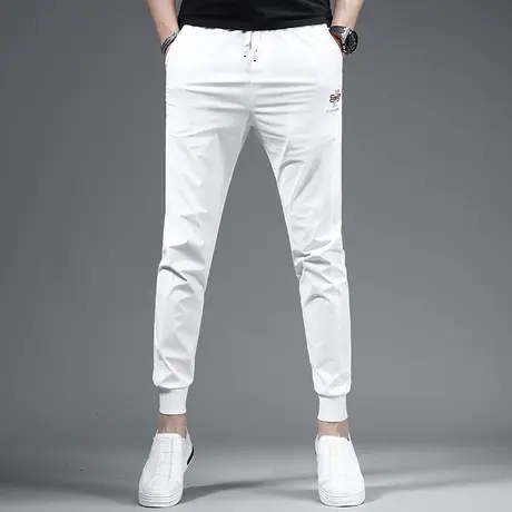 2023夏季新款白色裤子男休闲裤冰丝薄款修身束脚松紧腰男生裤子商品大图