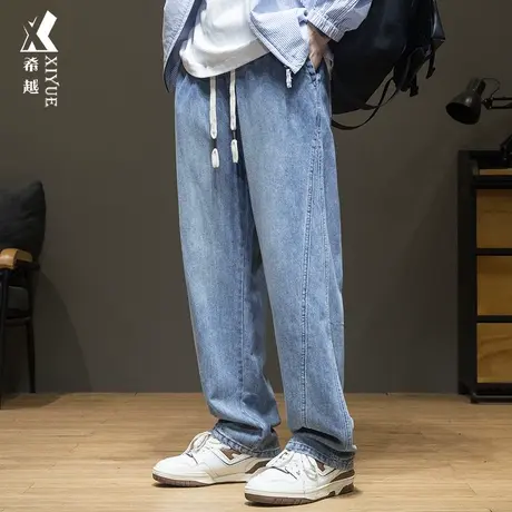 秋冬蓝色天丝棉牛仔裤男宽松大码直筒休闲长裤男松紧腰抽绳阔腿裤商品大图