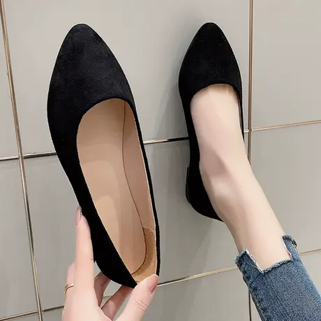 2023春秋平底鞋女尖头软皮浅口职业工作单鞋绒面平跟百搭黑色女鞋商品大图