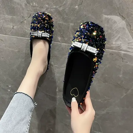 小香风包头半拖鞋女夏外穿ins潮2023年新款亮片平底孕妇网红凉拖图片