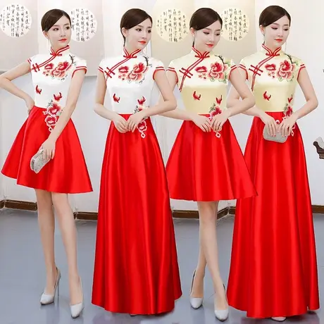 礼仪旗袍迎宾礼服长短款红青花瓷酒店学生礼仪服装年会迎宾礼服新商品大图