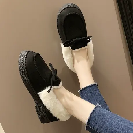网红毛毛鞋女2019新款秋冬季加绒棉鞋蝴蝶结外穿一脚蹬豆豆鞋女鞋图片
