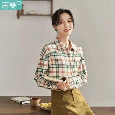 【商场同款】茵曼2023春女装新款田园复古撞色格子宽松长袖衬衫图片