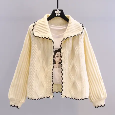 小清新海军领麻花毛衣外套女秋冬2023新款宽松慵懒风洋气针织开衫图片