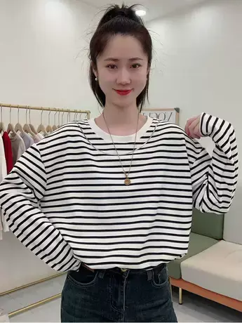 早秋2023新款条纹衫外穿洋气圆领宽松百搭长袖t恤休闲上衣ins潮款商品大图