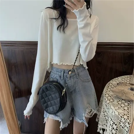 2023年早秋季新款设计感上衣春夏宽松短款木耳边长袖t恤女装潮ins商品大图