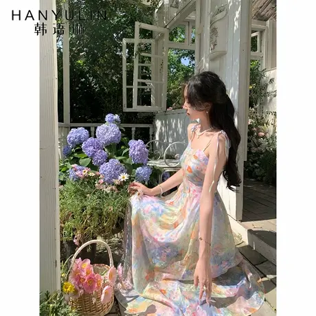 韩语琳 绝美晕染碎花吊带连衣裙2025夏季新款超好看漂亮仙女长裙图片