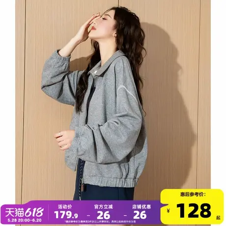 唐狮2025春秋新款女外套短款翻领简约宽松灰色百搭卫衣夹克上衣k图片