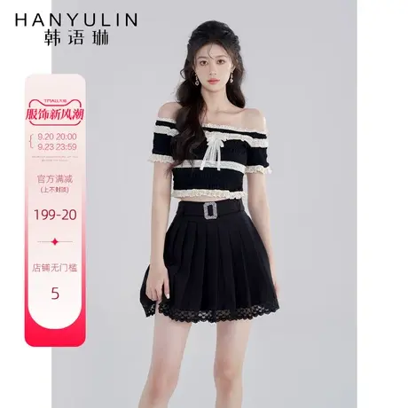 韩语琳一字肩木耳拼接短袖上衣女2023新夏季泡泡袖花边蕾丝针织衫商品大图