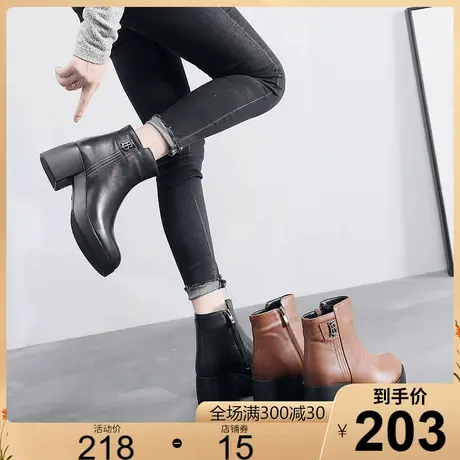 新款真皮中跟松糕短靴2025秋冬女圆头粗跟厚底加绒女鞋小码棉靴女商品大图