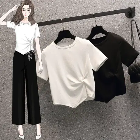 2023年新款设计感小众不规则正肩白色短袖t恤女夏季短款辣妹上衣商品大图