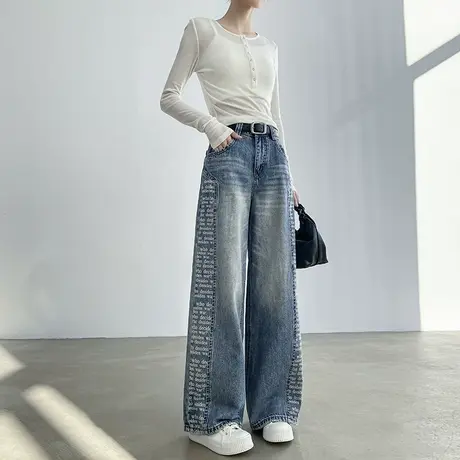 印花字母拼接阔腿牛仔裤女春秋新款高腰宽松垂感显瘦直筒拖地裤子商品大图
