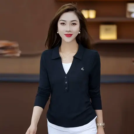 拉夏贝尔POLO领假两件修身长袖T恤女秋2025新款时尚打底衫短上衣商品大图