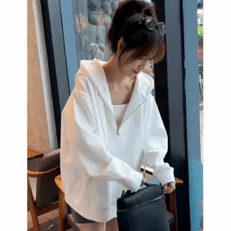 慵懒白色拉链开衫连帽卫衣外套女美式新款爆款早秋款宽松长袖上衣商品大图