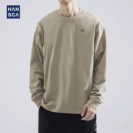 hansca 260g重磅纯棉长袖t恤男春秋季宽松圆领印花休闲内搭打底衫商品大图