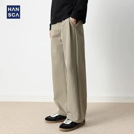 hansca300g日系直筒休闲裤男秋季潮牌高端宽松垂感大码卡其色长裤商品大图
