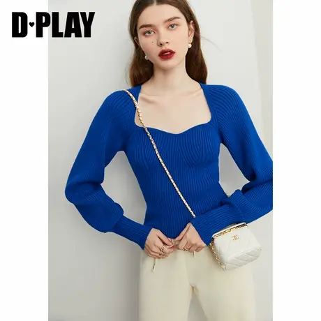 DPLAY法式宫廷领克莱因蓝灯笼袖加厚套头锁骨毛衣氛围感上衣商品大图