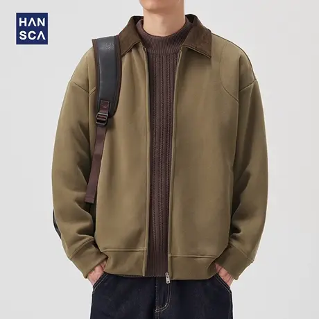 hansca美式复古卫衣外套男420g重磅2025秋季新款撞色拼接翻领上衣商品大图