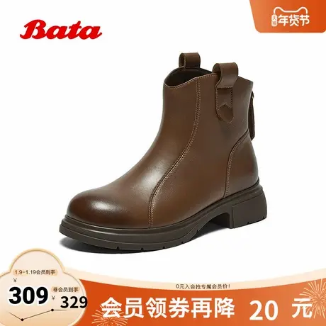 Bata时装靴女2025冬季新款粗跟百搭羊皮通勤短筒靴80992DD5图片