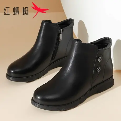 红蜻蜓女鞋2025秋冬真皮复古马丁靴短筒加绒棉鞋平底休闲妈妈鞋图片