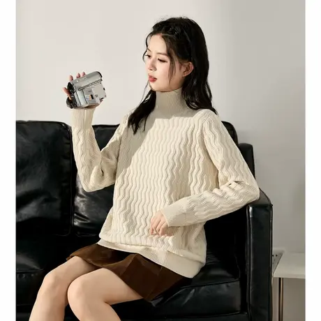 唐狮春秋新款高领毛衣女净色绞花宽松上衣慵懒风高级感毛线衫TD图片