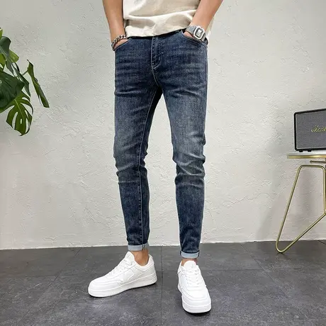 2023新品男款休闲潮流牛仔裤刺绣水洗牛仔蓝色青年修身小脚男长裤商品大图